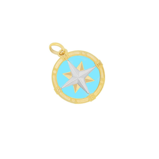 14K Italian Gold Turquoise Compass Charm Pendant Blue