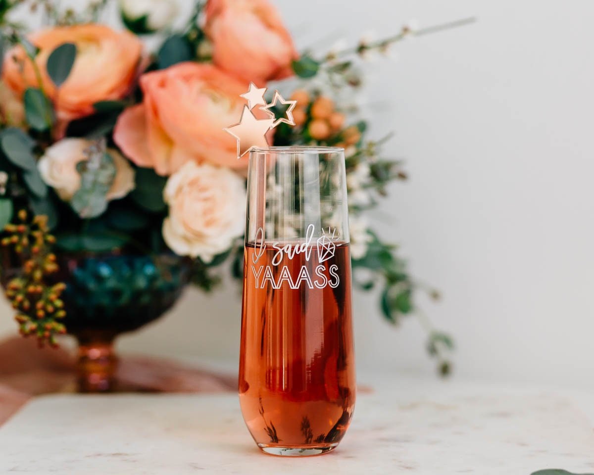 I Said Yaaass Stemless Flute - Engraved Yes Champagne Glass, Newly Engaged Just Engagement Proposal