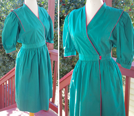 April 1980's Vintage Bright Teal + Hot Pink New Wave Cotton Wrap Dress with Cinch Waist // Size Xs Small 25 26" By Liz Claiborne