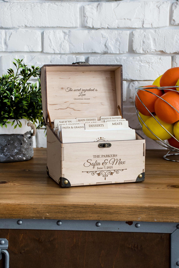 Personalized Wedding Recipe Box Bridal Shower Gift For Couple Wooden Card With 9 Dividers & Cards Housewarming Idea