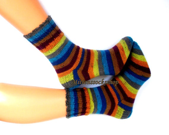 Hand Knitted Socks Blue Yellow Striped Colorful Women's Men's Bright Girl's Winter Gift Idea 2021