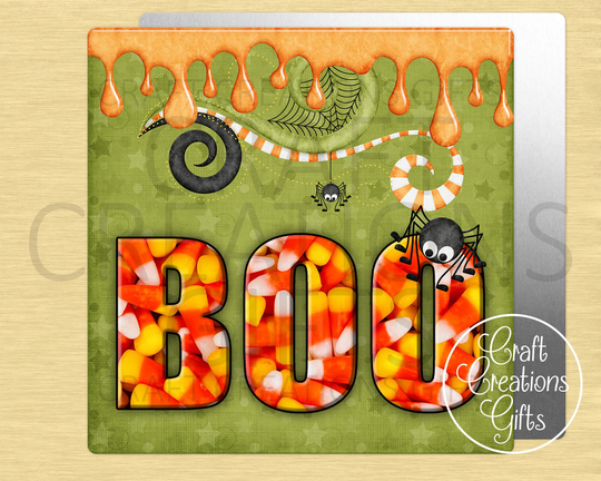 Square Metal Sign Boo Halloween Candy Corn Fall Autumn Wreaths Crafts Miniatures Tiered Tray Decor