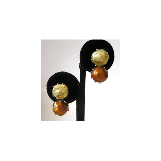 Circa 1950S Dalsheim Art Glass Double Ball Bronze Earrings