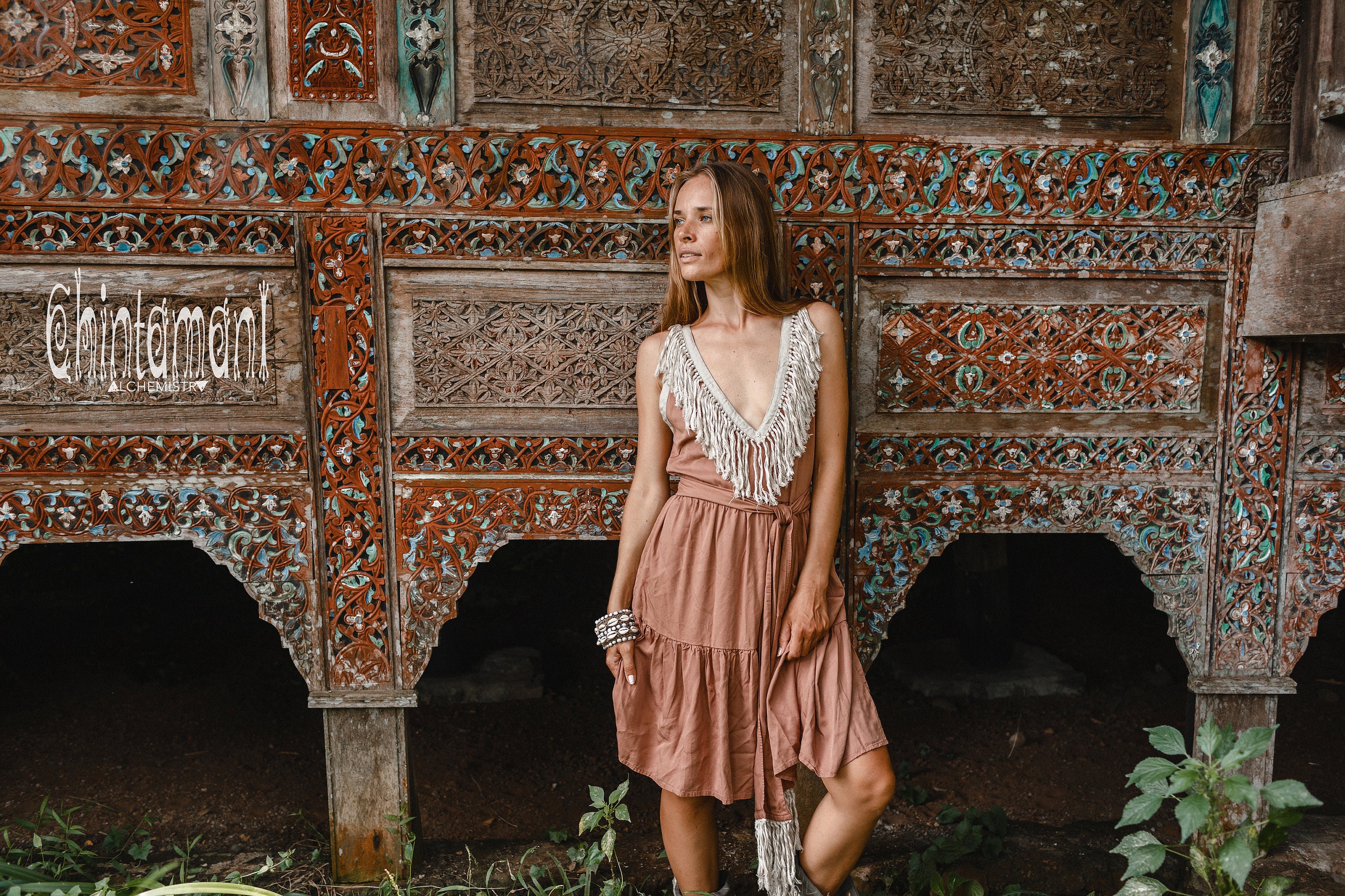 Bamboo Boho Midi Dress Bohemian Clothing Women Prairie Tiered Cottagecore Linen Fringe Goddess Tank/Dusty Pink