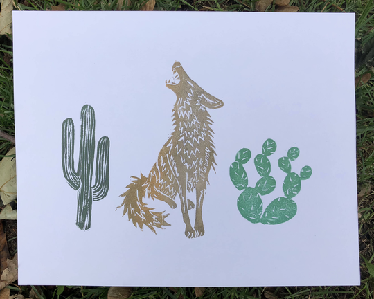 Coyote Howling in The Desert Lino Block Print #9
