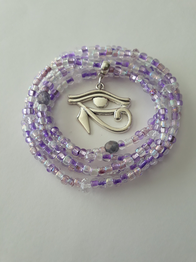 Light Purple Waist Beads With "Eye Of Horus' Charm, Protection Symbol, Stretch, Weight Loss Tracker, Belly Beads, African Waist Unique