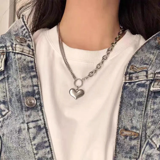 Y2K Silver Heart Pendant Thick Chain Necklace|Mismatch Double Strands |Cool Stainless Steel Necklace|Hip Pop, Kpop Style Necklaces