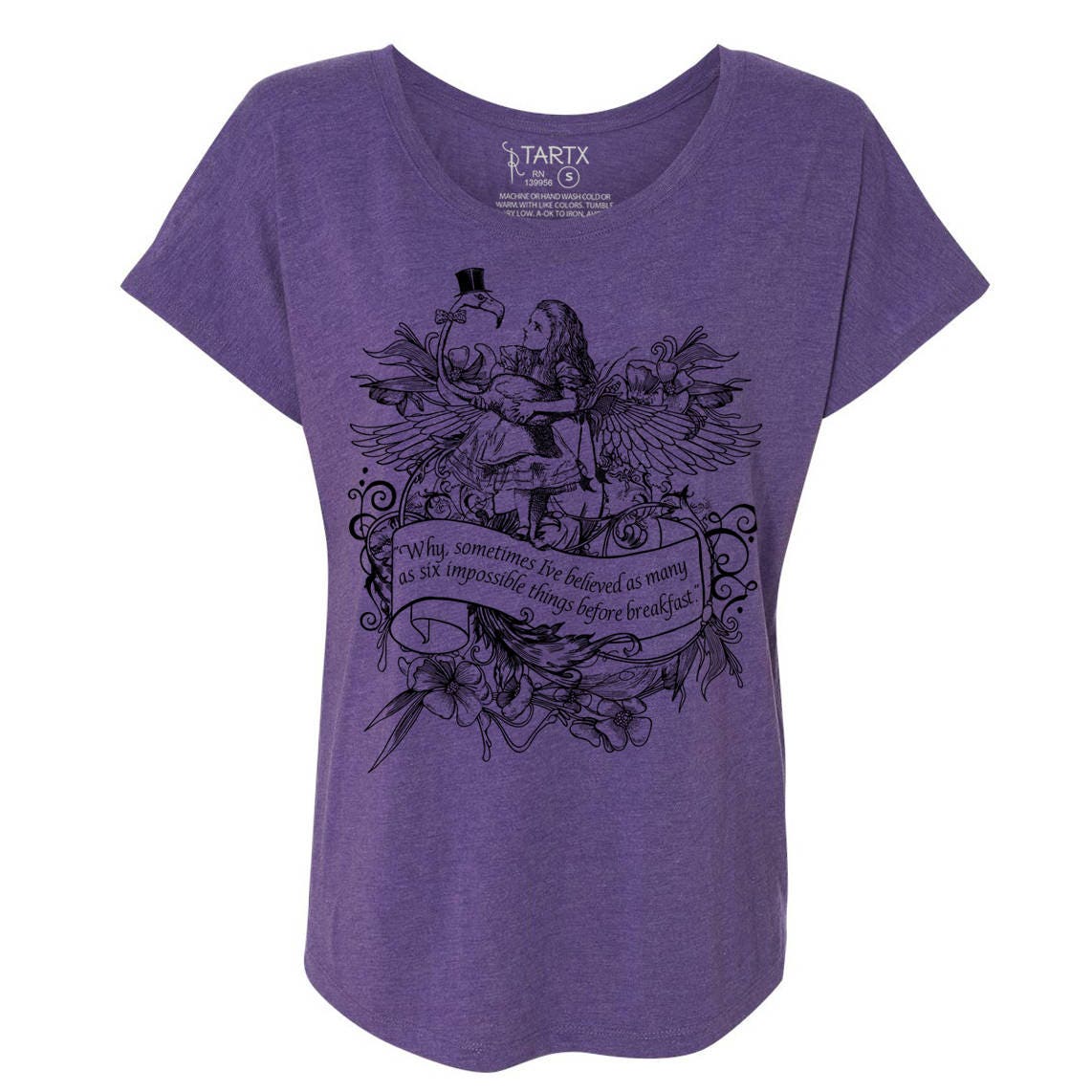 Alice Wonderland Flamingo Tri-Blend Wide Neck Dolman Tee Shirt