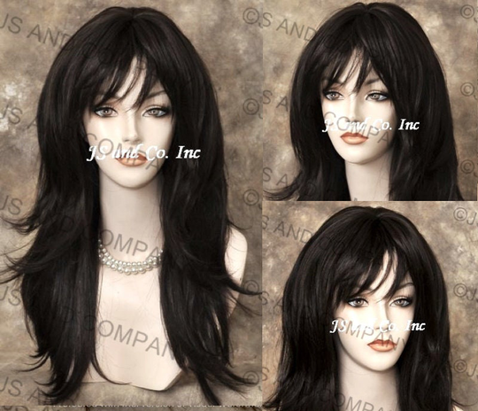 Dark Brown Human Hair Blend Wig Heat Ok Flared Out Sides & Back Full Bangs Cancer Alopeica Theater Anime Cosplay Emo