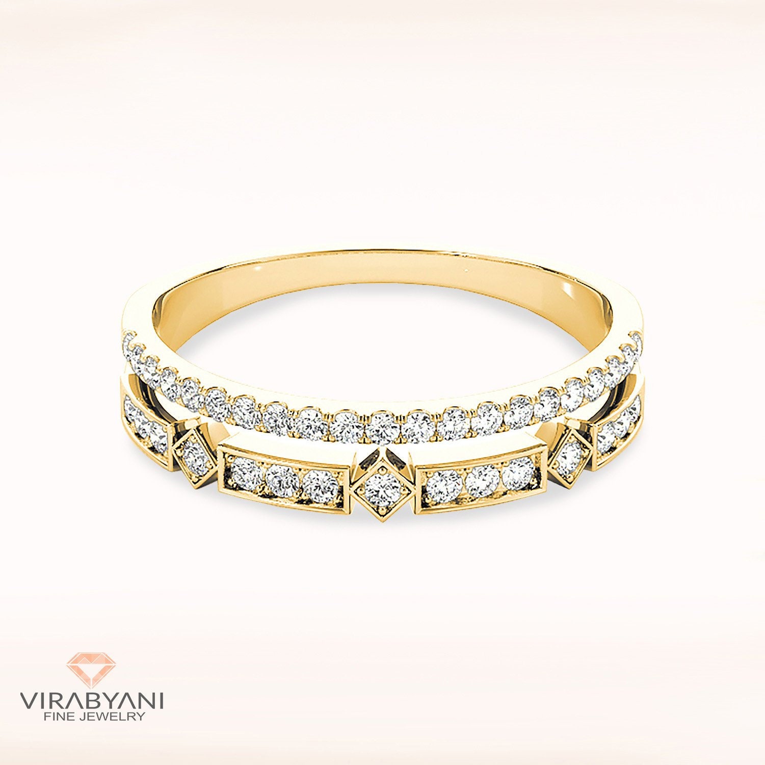 14K/18K Solid Yellow Gold Diamond Ring | Fine Double Row Anniversary Band Split Wedding