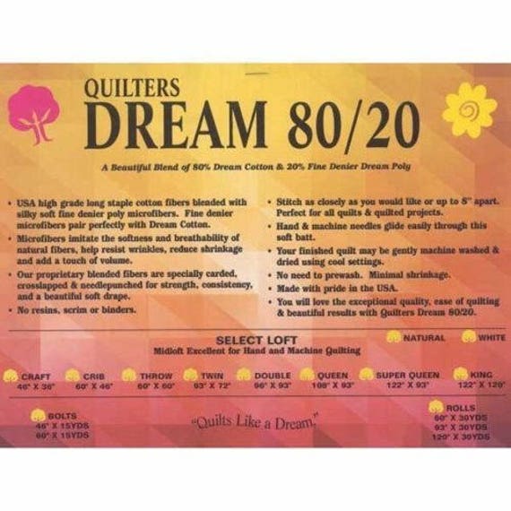 Quilters Dream 80/20 Cotton/Poly Blend Quilt Batting-Twin Size Natural Color 93 X 72"