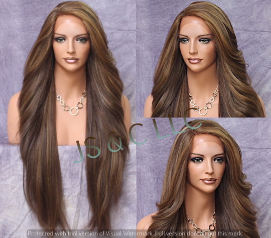 40" Extra Long Human Hair Blend Full Lace Front Wig Romantic Straight & Bangs Caramel Brown Mixed Natural Mono Side Part Heat Safe