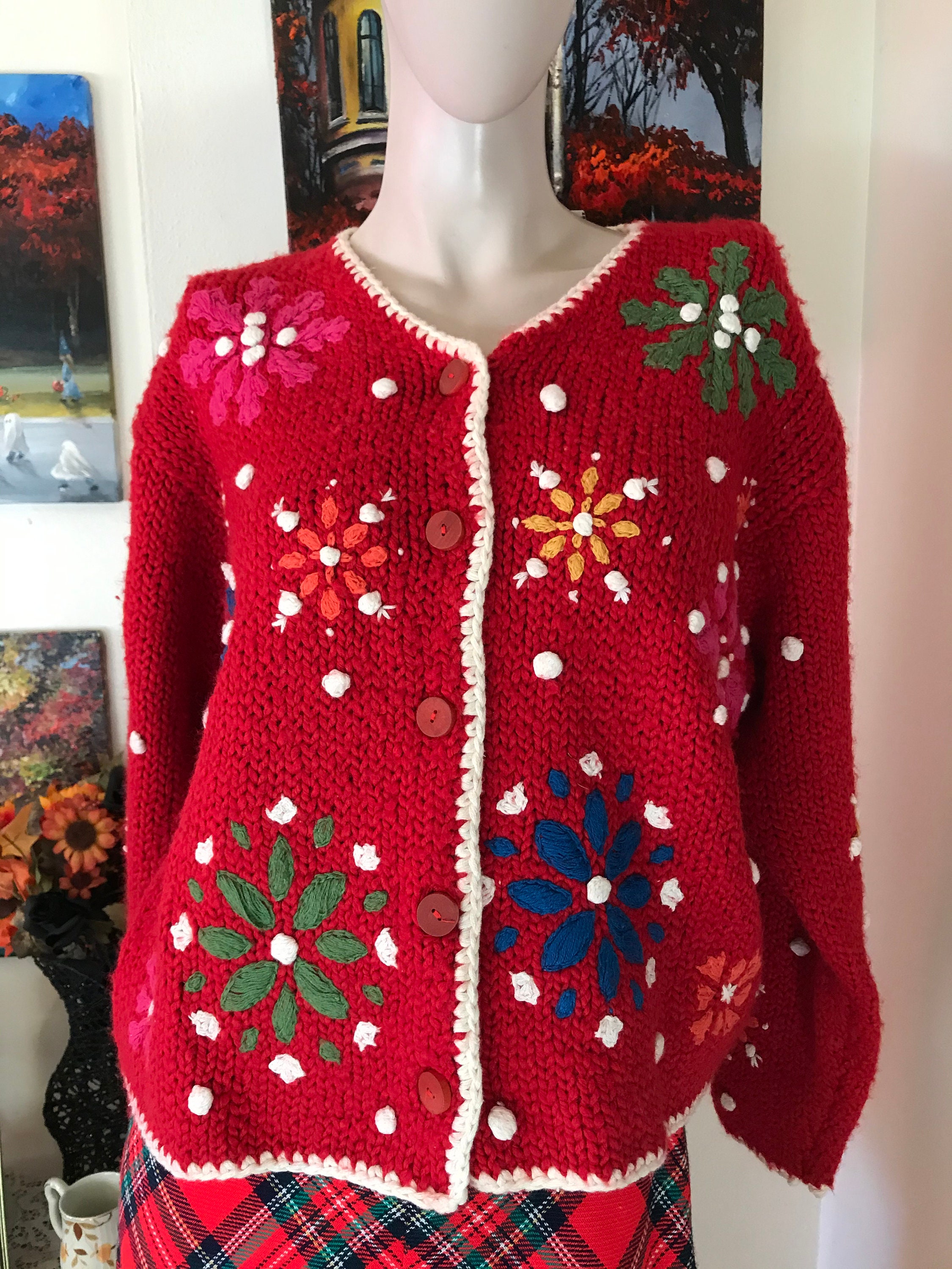 Vintage 80S Wool Blend Red Christmas Snowflakes Button Ladies Cardigan Sweater Size Small Gift For Her