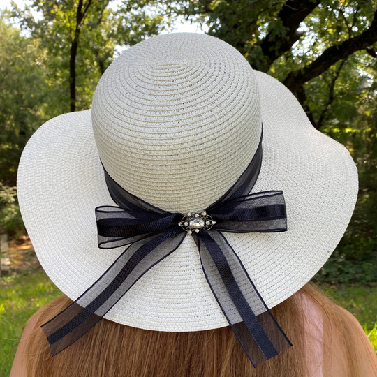 Wide Brim Hat For Weddings, Church, Sun & Beach. Foldable Style. Beautiful White Color With Black Hatband Bow & Jeweled Accent On