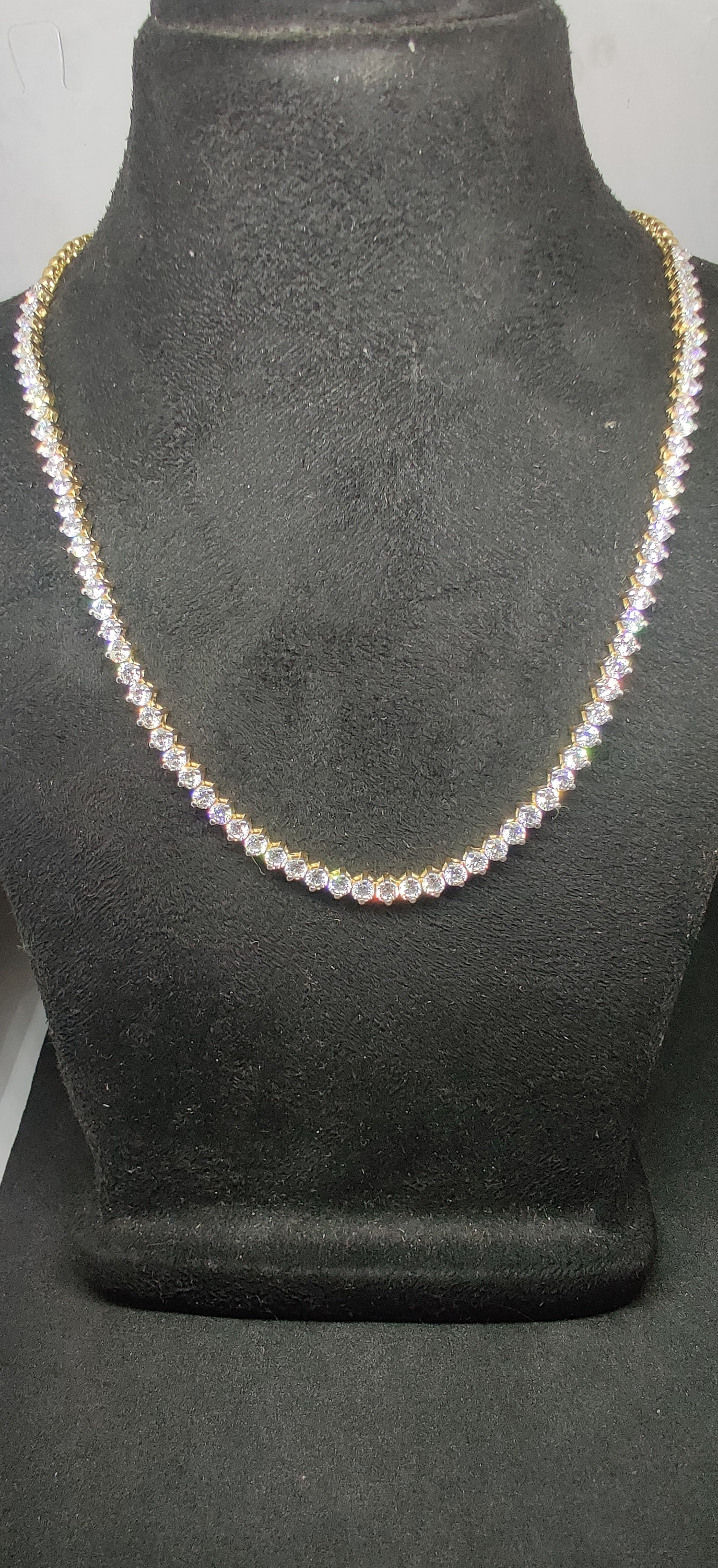 Moissanite Diamond Tennis Necklace 3mm Round Diamond 925 Solid Sterling Silver, Tennis 10Kt Yellow Gold Over Slver, Necklace