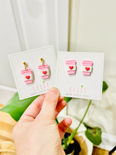 Valentine's Day Latte Stud Earrings | Love Coffee Cup Studs Heart Valentines Lover Gift For Her