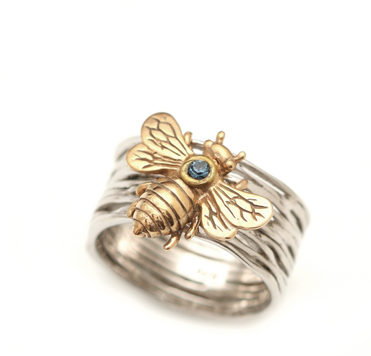 Bee Ring For Men, Sterling Silver Ring, Band Women, Honey Jewelry, Keeper Gifts, Wide Woven Bumble