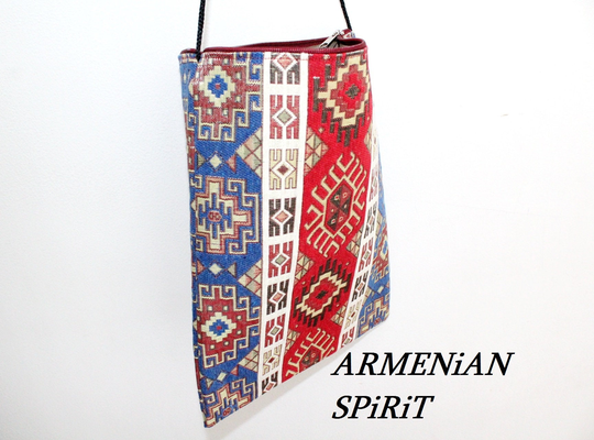 Armenian Bag Crossbody Rug Cotton Blend Red & Light Blue Ethnic Ornament With Black Rope Moroccan Style Tote Bag For Phone Spring Gifts