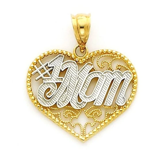 14K Two Tone Gold Filigree "1 Mom" Charm