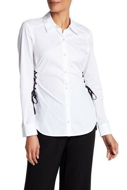 Ramy Brook OPTIC WHITE WITH BLACK Lila Lace Up Button Down Shirt, US X-Small