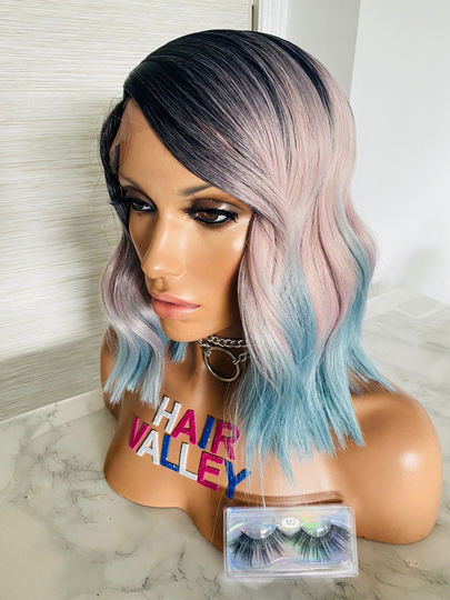 Lace Front Wig Human Hair Blend Gray Pink Blue Neon Rainbow Ombre Wavy Rooted Unicorn Cosplay Drag Q Bob Pastel Green