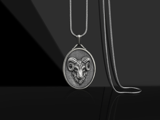 Ram Head Aries Silver Medal Necklace, Personalized Zodiac Gifts, Customizable Engraved Necklace For Men, Small Graduation Gift