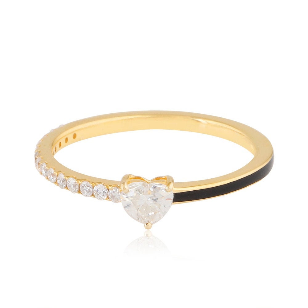 Natural Si Clarity Hi Color Diamond Heart Engagement Ring 18K Yellow Gold Wedding Style Band Ring, Enamel Handmade Jewelry Mother's Day Gift