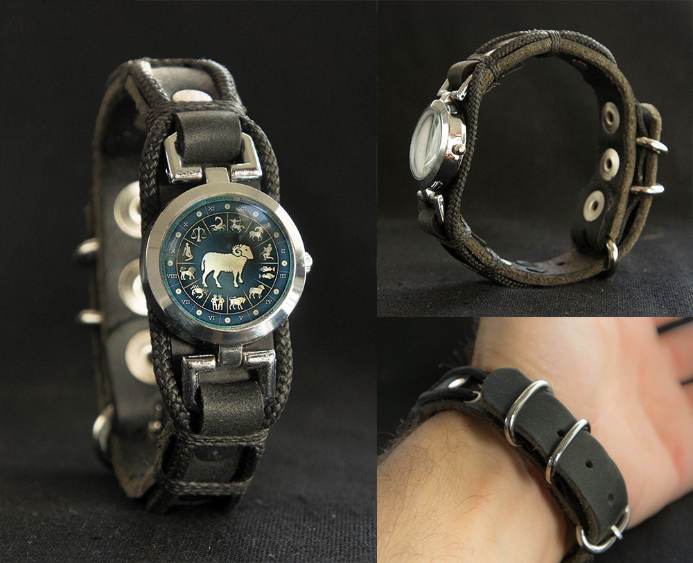Leather Bracelet With Aries Ram Symbol, Horoscope Zodiac Star Sign Jewelry