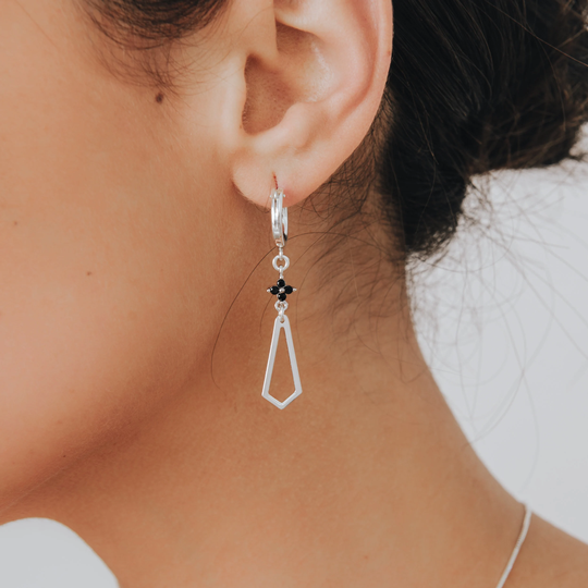 sterling Silver Earrings With Black Cz, Long Flower Zircons Dangle Earrings, Boho Chic Trendy Women Geometric Everyday