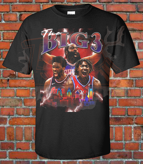 Philadelphia 76Ers The Big 3 90S Style Vintage Bootleg Tee Graphic T Shirt Basketball Nba Joel Embiid Jame Harden Tyrese Maxey Philly Rap