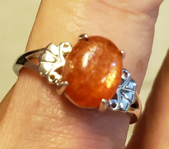 Natural Orange Sunstone Ring, See Shimmer in Video 8x10mm Stone, 925 Sterling Silver Crescent Design Size 6, 7, 8