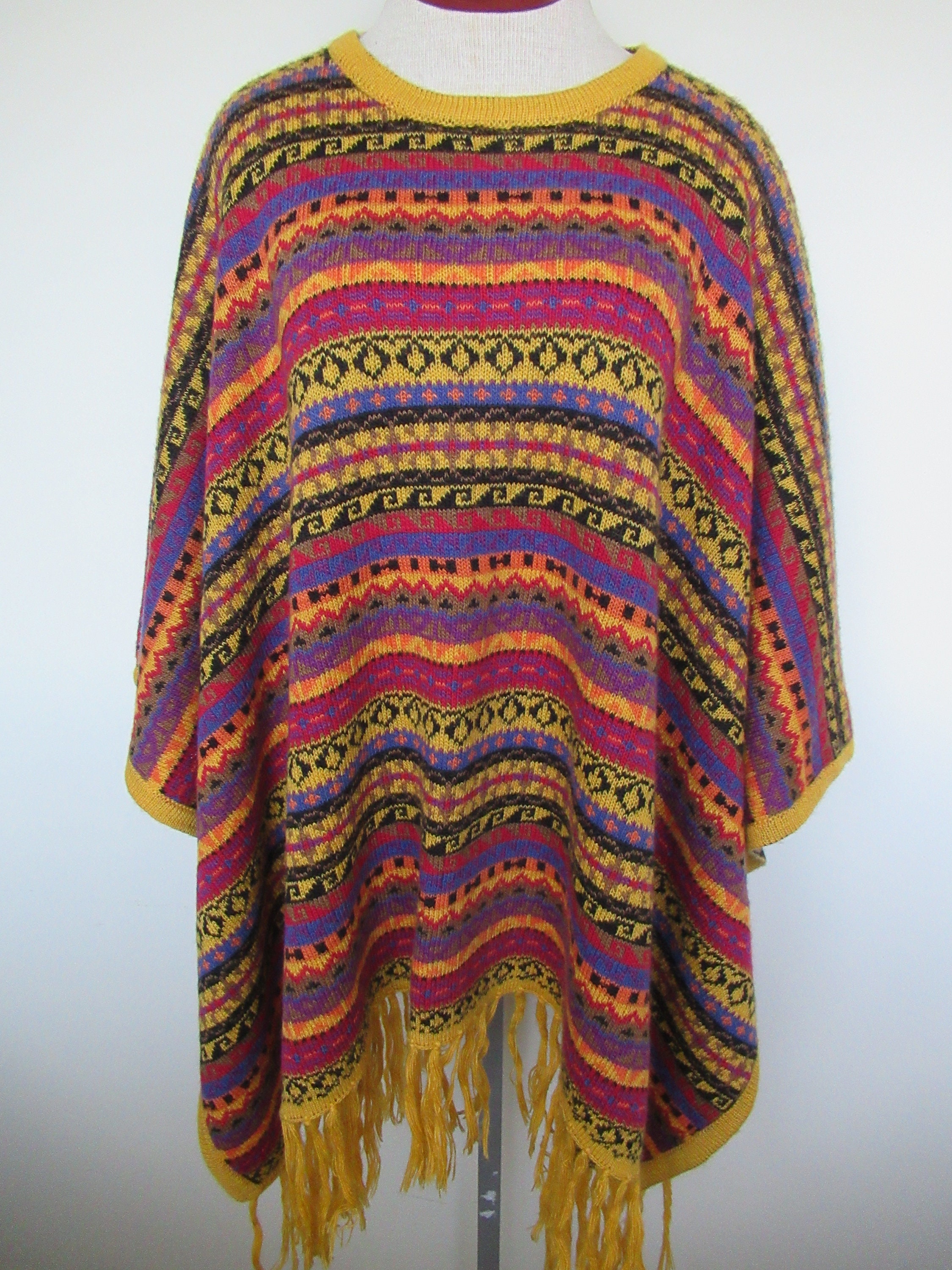 Alpaca Blend Poncho/Peruvian Vibrant Colors Poncho/ Bohemian Ethnic Wool-Blend Poncho