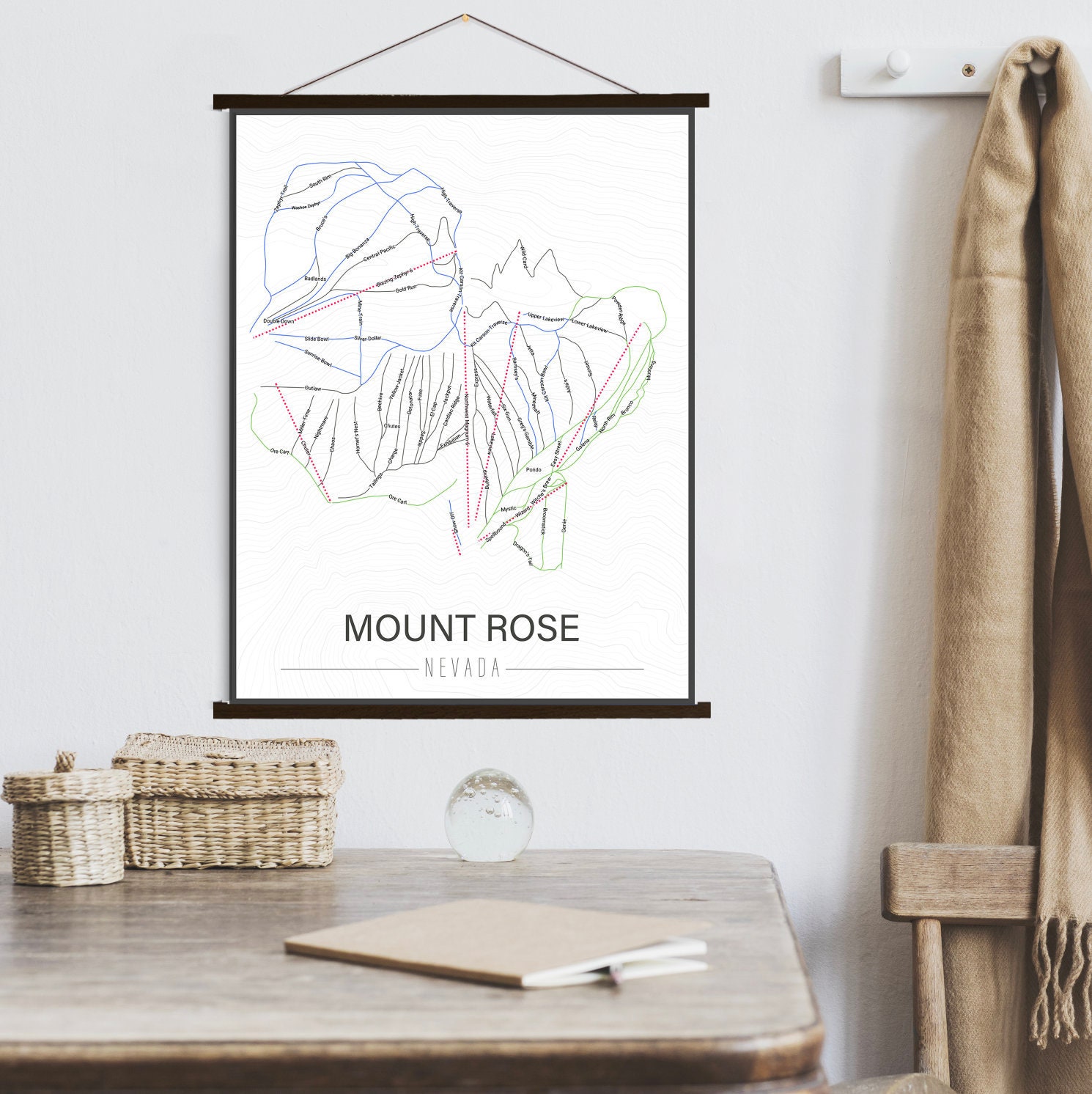 Mount Rose Nevada Ski Run Trail Map | Hanging Canvas Of Printed Marketplace