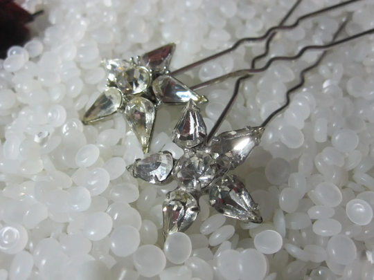 Vintage Hairpins, Rare Pair Silver Tone Stars Rhinestones Center, Teardrop Points