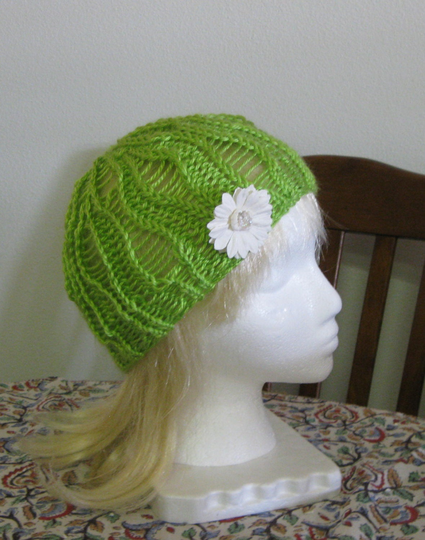 Bright Green Hand Knit Riverbed Lace Hat With Removable Flower