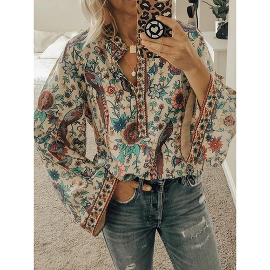 White Long Sleeve Floral Cotton-Blend Floral-Print Shirt in 5 Color Choices - White, XL