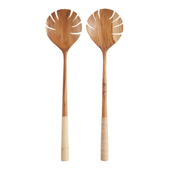 Large Teak and Rattan Monstera Leaf Servers 2 Piece Set: Brown - Wood by World Market