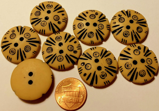 Lot Of 8 Large Tan Black Plastic Buttons Sew-Through Slightly Domed Top 1" 25mm # 7268