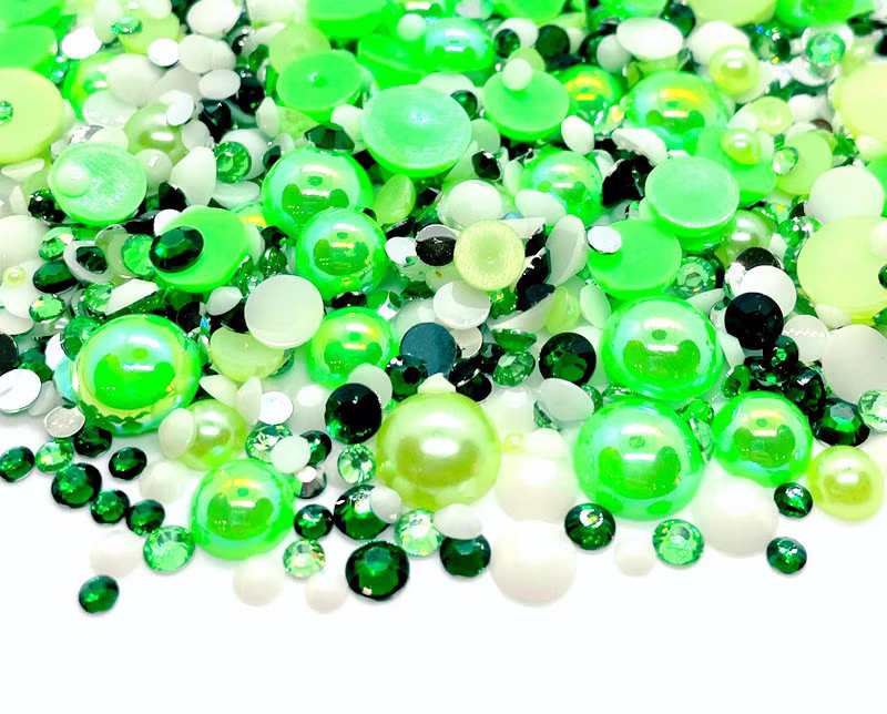 st. Paddy Blend Rhinestone Mix 2mm-10mm Flatback Jelly Resin | Faux Pearls Mixed Sizes, Pretty Green White