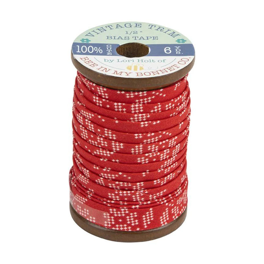 Lori Holt 1/2" Double Fold Bias Tape - Stitch Red Flower 6 Yard Wooden Spool Riley Blake Designs St-22908