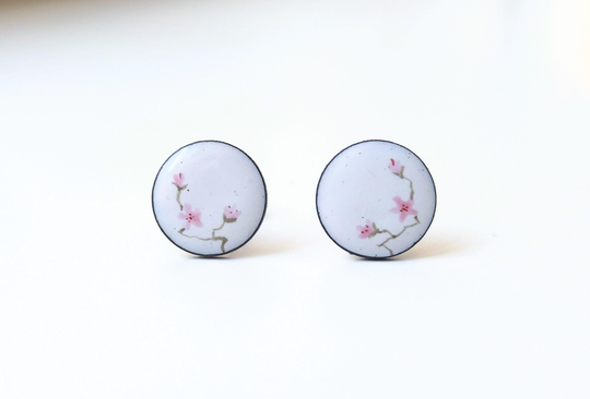 White Enamel Stud Earrings Painted With Pink Flowers, Handmade