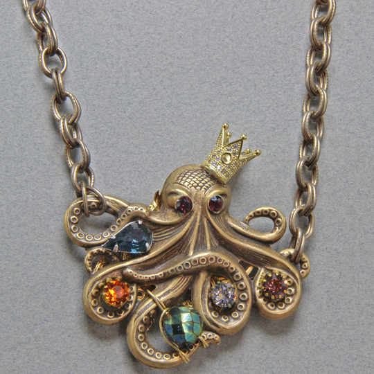 Handmade Necklace Whimsy King Of The Sea Jeweled Octopus Brass & Glass Rhinestones 22 Inch Oscarcrow
