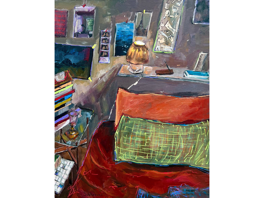 Interior With Books, Glass Of Wine & Posters. Original Acrylic Painting On Canvas Panel 11x14 Inches | 28x35 cm