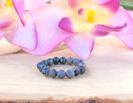 Faceted Labradorite Crystal Ring, Stretch Stackable Gemstone, Elastic Bead Fidget, Anxiety, Protection, Good Energy, Healing Women, Items
