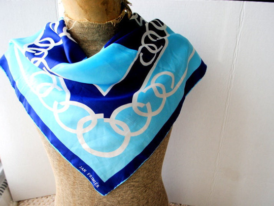 Mod Vintage 60S, Blue, Silk Blend Square Scarf With A Geometric Design. Made By Sally Gee For Jan Frimier