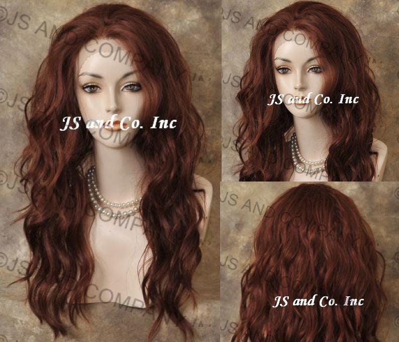 Brownish Copper Red Human Hair Blend Free Part Wig Heat Safe California Waves Long & Layered Cancer Alopecia Theatrical Cosplay