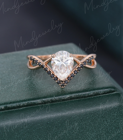 Pear Shaped Moissanite Engagement Ring Rose Gold Unique Vintage Black Diamond Twisted Wedding Bridal Promise Anniversary