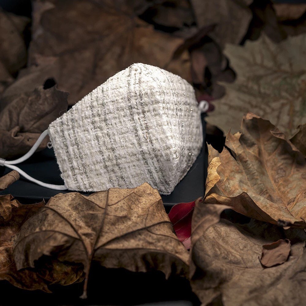 Washable Warm White Wool Blend Face Mask, Breathable 2 Layer with Nose Wire Filter Pocket & Adjustable Straps, Tweed Mask