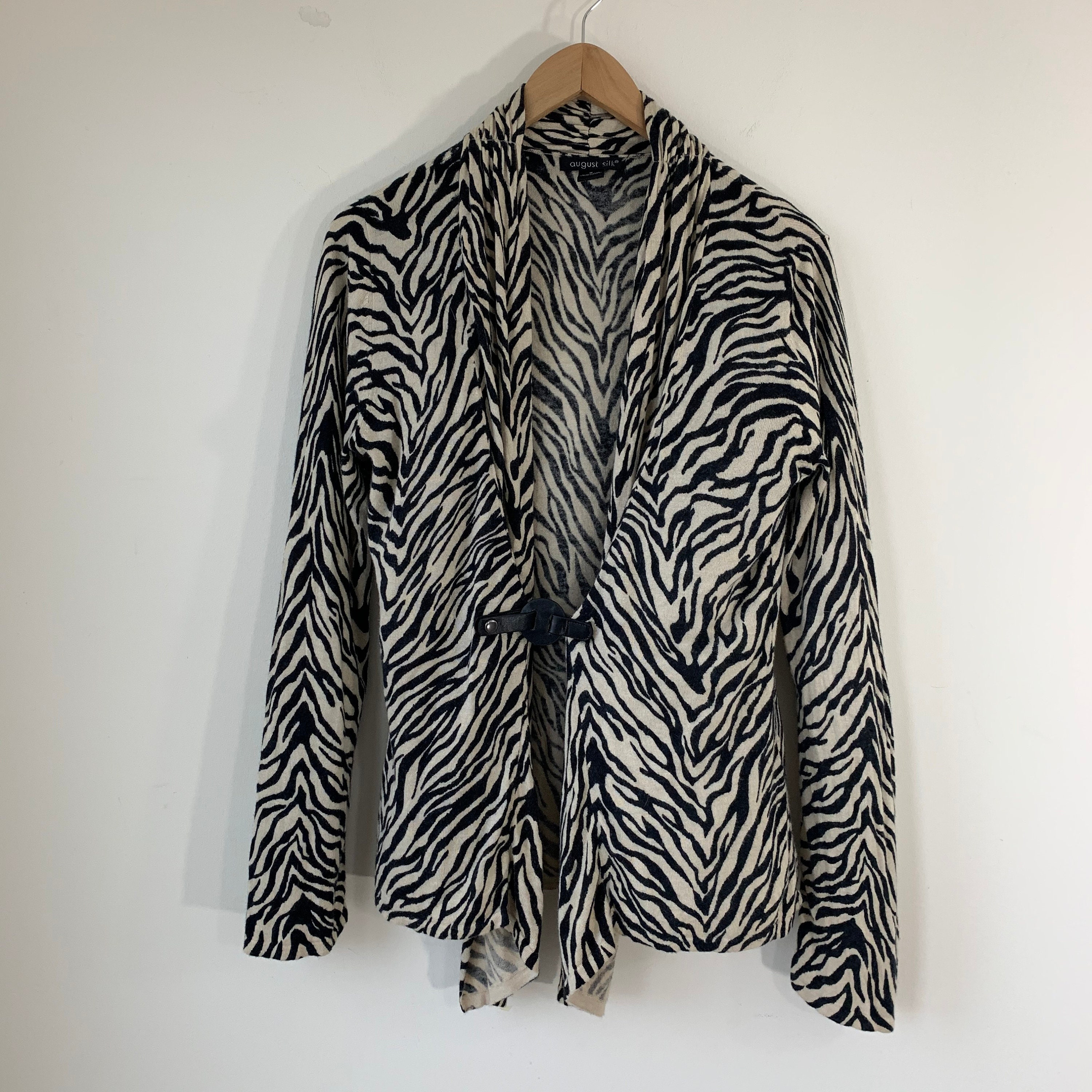 Animal Print Top, Silk Blend Knit Blouse, Abstract Zebra Print, Long Sleeves , Leather Strap Closure , Deep V Neck , Size M August Vintage