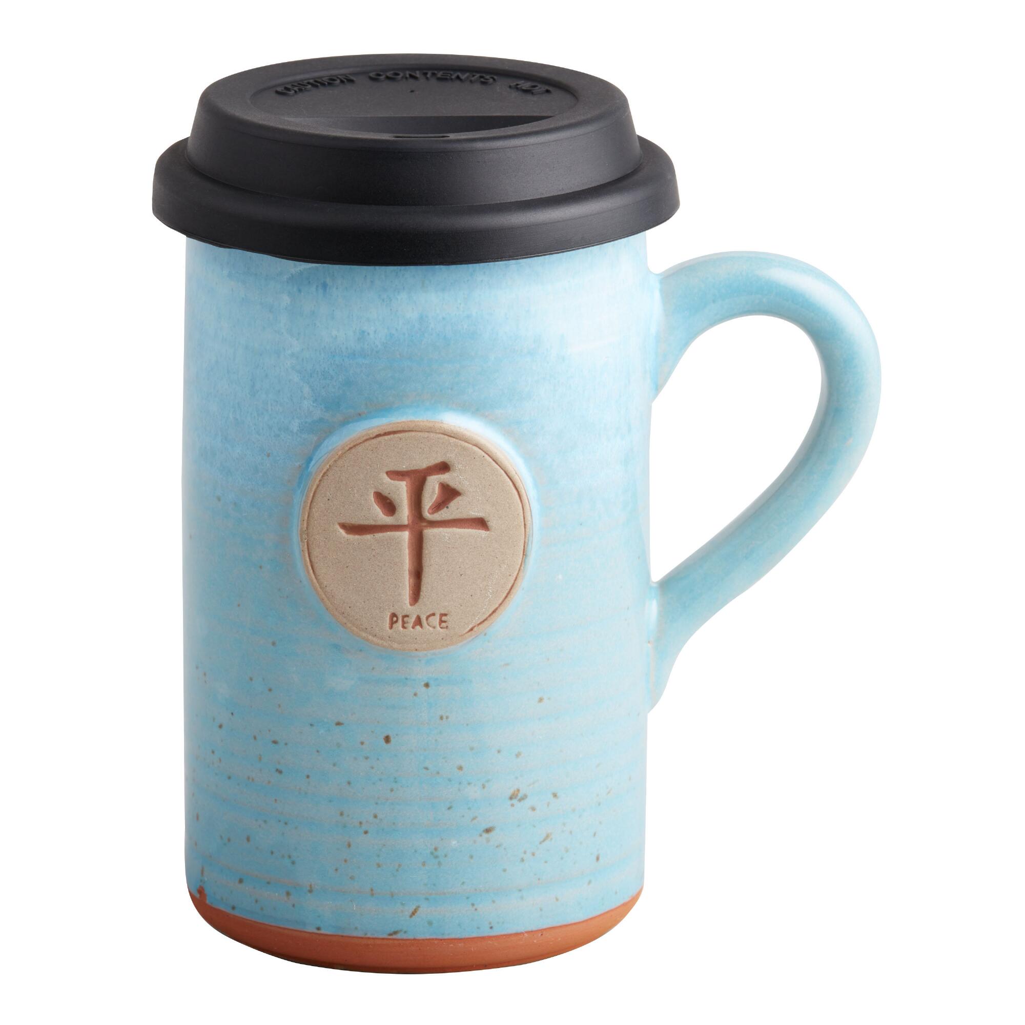 Teal Blue Peace Ceramic To Go Mug with Lid - Stoneware by World Market